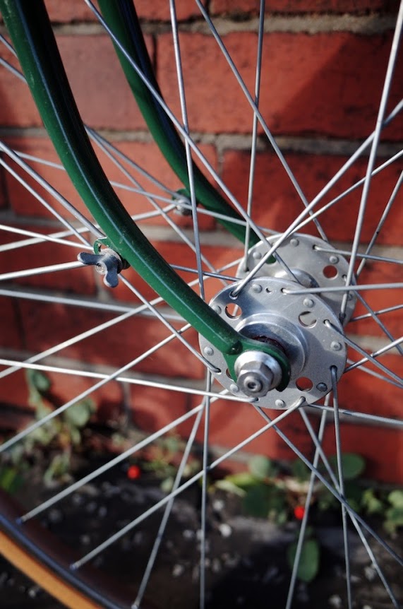 Close up of forks and front hub